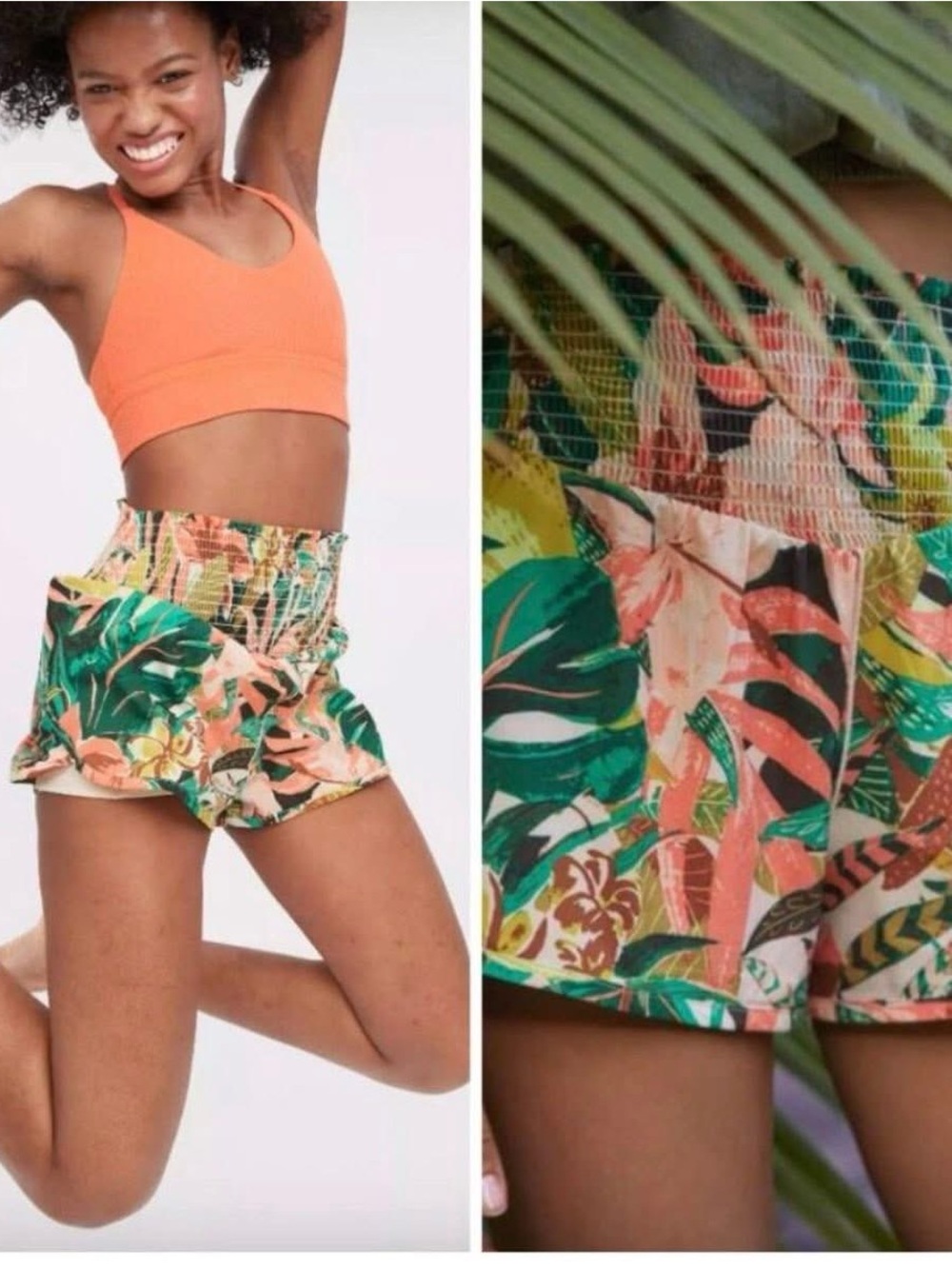 aerie Tropical Smocked High-Waist Athletic Shorts - Coral & Green
